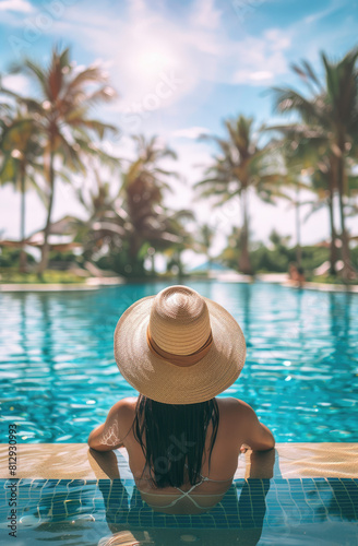 Summer day lifestyle woman relax and chill near luxury swimming pool sunbath at the beach resort outdoors the hotel Vacations and Summer Concept © Sattawat