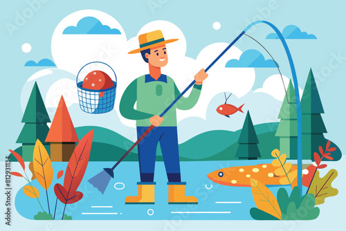 A man stands in water, holding a fishing rod, Fishing with net Customizable Flat Illustration
