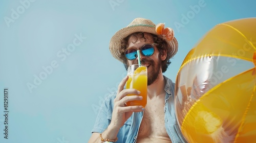 Summer rest Happy male beach vacationer enjoys freshly squeezed orange juice isolated on light blue background Smiling man in summer clothes and with inflatable beach ball drinks juice : Generative AI photo