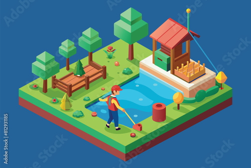A man is using a mop to clean the park, Fishing with net Customizable Isometric Illustration