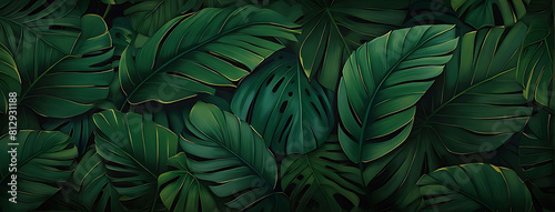  Pattern leaf background green plant tree abstract palm floral wallpaper flower foliage art jungle. Background luxury leaf pattern texture design line summer gold nature monstera fabric golden leaves. photo