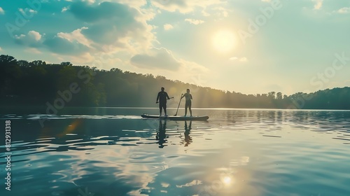 Senior couple paddleboarding on lake in summer : Generative AI photo