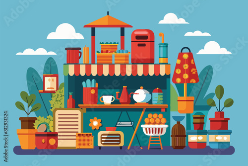 Colorful illustration showing a busy store at a flea market with a variety of items for sale, Flea market Customizable Flat Illustration