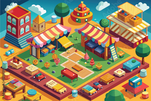 A customizable isometric illustration of a small town with a playground in the center  Flea market Customizable Isometric Illustration