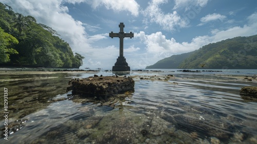 The Sunken Cemetery in Camiguin Philippines marked by a large cross standing in the sea a memorial for those buried there after a volcanic eruption in