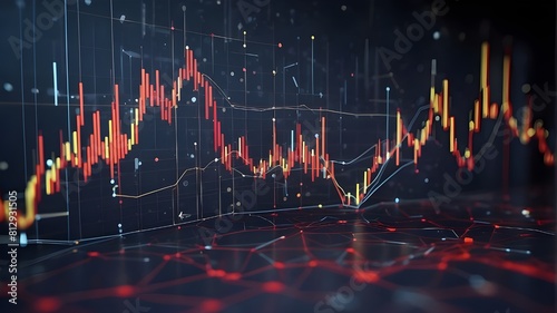 Financial crises and meltdowns are represented by generative AI, stock market chart lines, and financial graphs on an abstract technological background. Concepts of technology and trading markets. photo