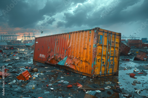 A damaged container lying on its side after a storm, with scattered debris around it at a shipping dock. AI generated.