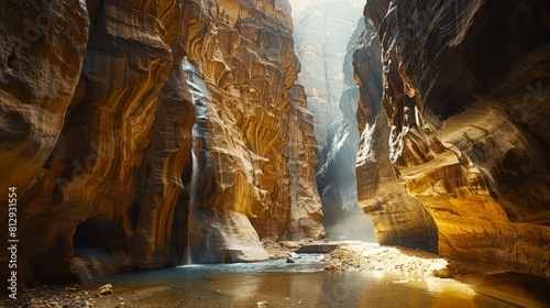 The Siq in Petra Jordan a narrow gorge flanked by towering cliffs leading to the ancient city famous for its rock-cut architecture and water conduit s