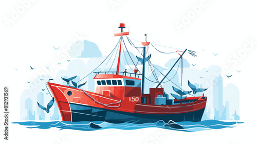 Industrial fisher trawler or sea fishing vessel wit