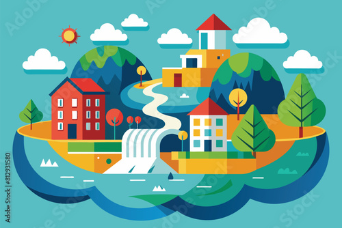 Colorful illustration showcasing a lively town setting with a magnificent waterfall cascading down, Flood Customizable Disproportionate Illustration