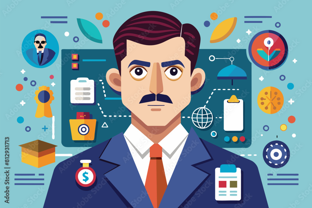 A stylized cartoon of a forensic expert with various related icons, Forensic expert Customizable Disproportionate Illustration A stylized cartoon of a forensic expert with various related icons, Forensic expert Customizable Disproportionate Illustration