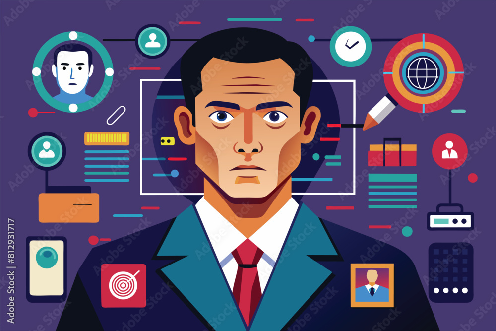 A man in a suit and tie standing among various icons in a customizable, disproportionate illustration, Forensic expert Customizable Disproportionate Illustration A man in a suit and tie standing among various icons in a customizable, disproportionate illustration, Forensic expert Customizable Disproportionate Illustration