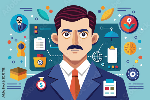 A stylized cartoon of a forensic expert with various related icons, Forensic expert Customizable Disproportionate Illustration