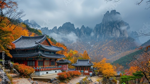 The Seoraksan National Park in South Korea not only noted for its natural beauty but also for its ancient hermitages tucked away in its rugged landsca photo