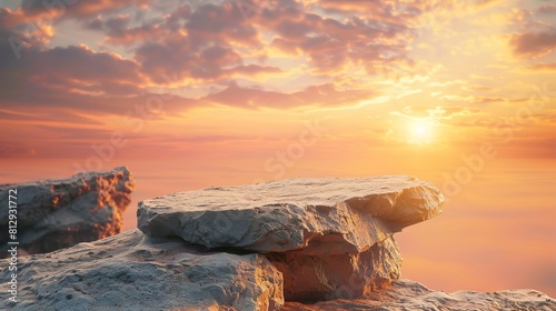 A rock stone podium against a sunset sky background is illustrated, featuring orange sunlight and ample space for displaying products in a banner background.