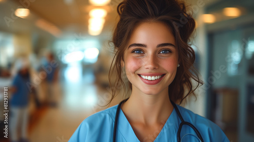 female nurse smiling warmly, radiating happiness and compassion in a hospital