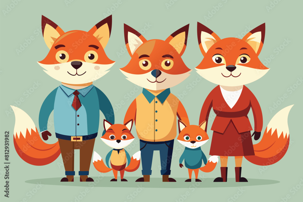 A family of three foxes standing side by side in a customizable and disproportionate illustration, Fox family Customizable Disproportionate Illustration