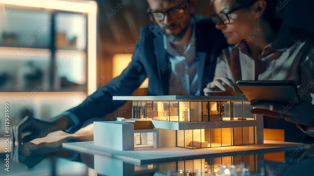 Real estate agent with client or architect team discussing a housing model and its blueprints digitally using a tablet computer : Generative AI Real estate agent with client or architect team discussing a housing model and its blueprints digitally using a tablet computer : Generative AI