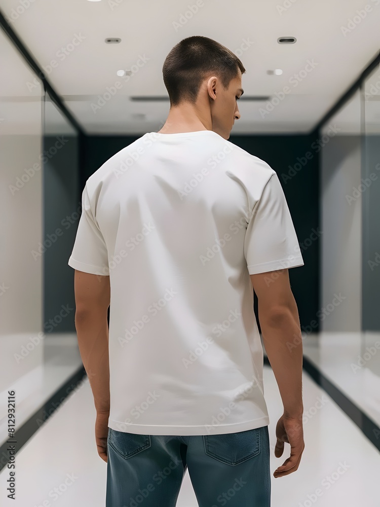 A clean and professional product shoot featuring a male model wearing a plain white t-shirt and blue jeans standing in a shopping mall. A clean and professional product shoot featuring a male model wearing a plain white t-shirt and blue jeans standing in a shopping mall.