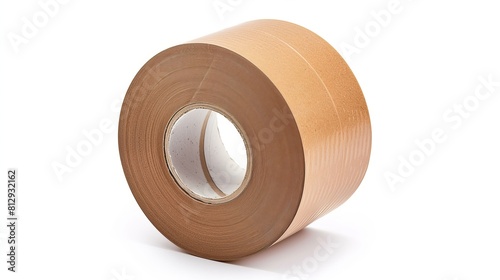 A roll of brown packing tape is presented in isolation against a white backdrop, ready for use in packaging and shipping tasks.