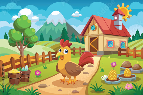 A chicken is seen walking down a path in front of a house on a sunny day, Free range chicken farm Customizable Cartoon Illustration