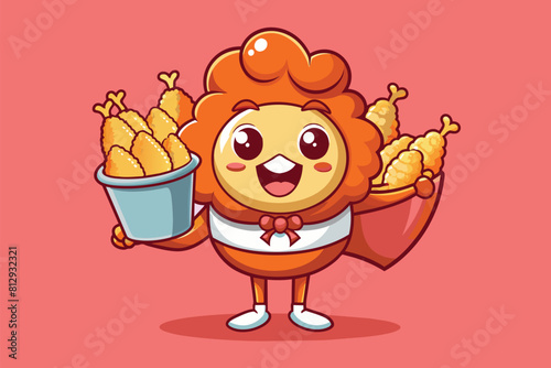 A colorful cartoon character happily holding a bucket filled with crispy french fries, Fried chicken Customizable Cartoon Illustration