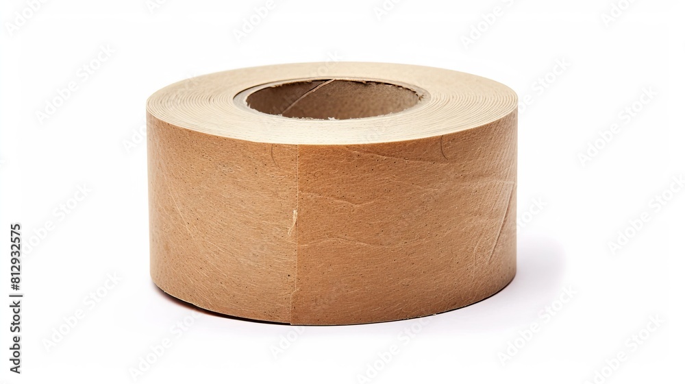 A roll of brown packing tape is presented in isolation against a white backdrop, ready for use in packaging and shipping tasks.