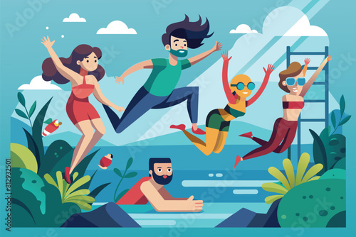 Friends diving and jumping into the air with excitement and energy, Friends diving Customizable Disproportionate Illustration