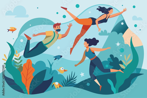 Friends diving and swimming in the ocean on a sunny day, Friends diving Customizable Semi Flat Illustration © Iftikhar alam