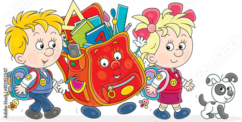 Happy little schoolboy, schoolgirl and a cartoony Schoolbag merrily talking and going to school to the start of classes, vector cartoon illustration on a white background