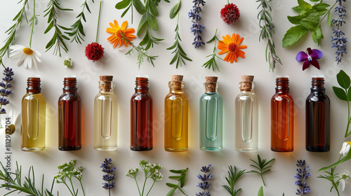 An array of aromatic essential oil bottles  nestled amidst a vibrant bloom of flowers  offering a picturesque blend of nature s essence and tranquility.