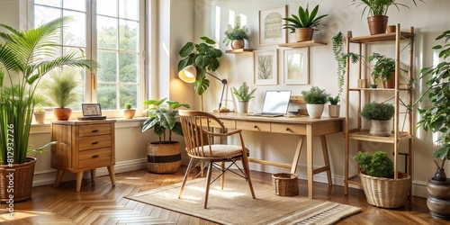 A small office with a desk, chair, and potted plants © Theevit