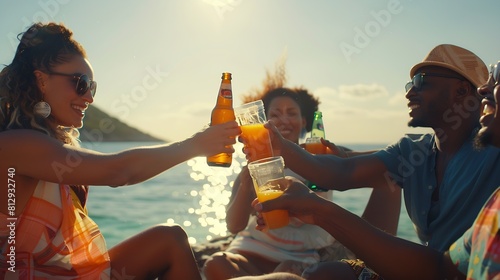 Group of multiracial tourists sitting on beach against lake and clinking bottles of juice while enjoying summer vacation together : Generative AI