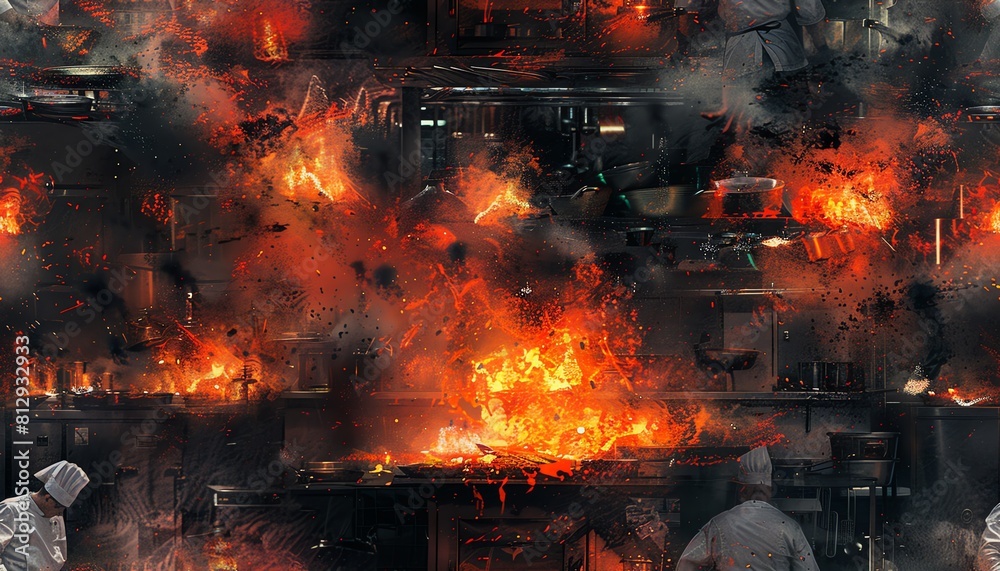 Capture the chaotic beauty of renowned chefs battling in a post-apocalyptic kitchen competition in a hyper-realistic oil painting Convey the intensity of the scene with fiery orang Capture the chaotic beauty of renowned chefs battling in a post-apocalyptic kitchen competition in a hyper-realistic oil painting Convey the intensity of the scene with fiery orang