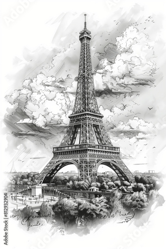 Sketch of a view of the Eiffel Tower in Paris. © S photographer