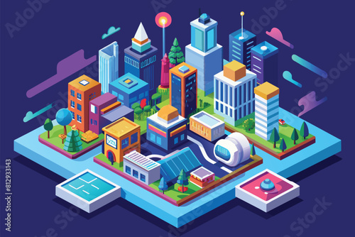 Isometric illustration of a futuristic city displayed on a smartphone screen  Future city Customizable Isometric Illustration