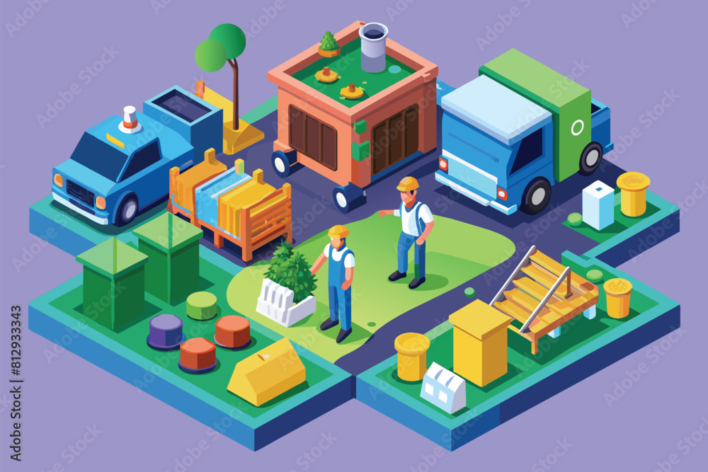 A couple of people standing in front of a truck in an industrial setting, Garbage management Customizable Isometric Illustration A couple of people standing in front of a truck in an industrial setting, Garbage management Customizable Isometric Illustration