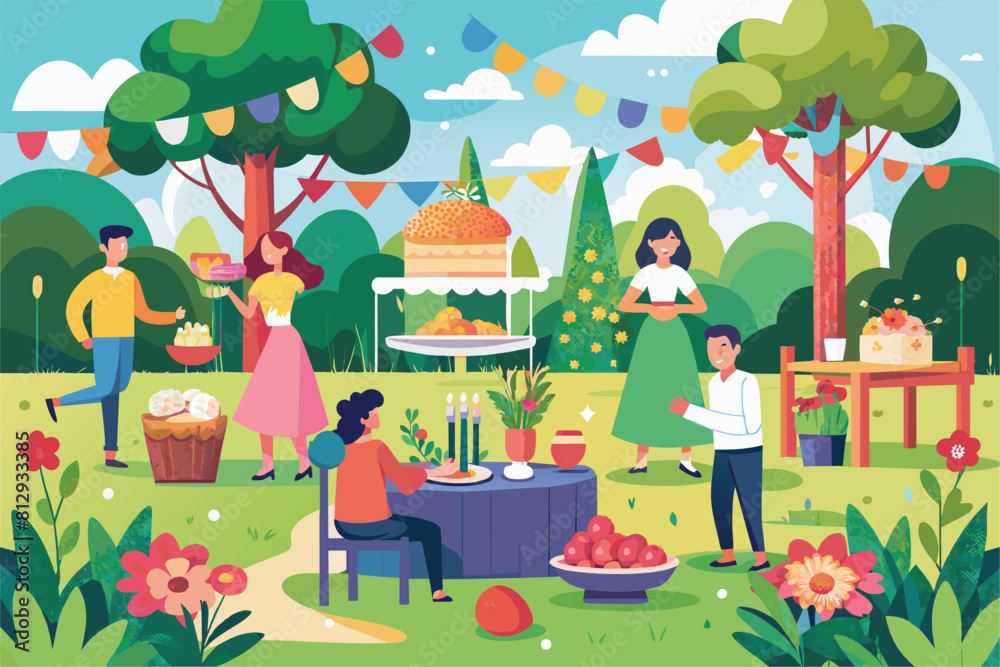 A group of individuals gathers around a table in a park, engaged in conversation and activities, Garden party Customizable Flat Illustration A group of individuals gathers around a table in a park, engaged in conversation and activities, Garden party Customizable Flat Illustration