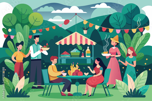 Multiple individuals gathered around a table, sharing food and conversation in a garden setting, Garden party Customizable Flat Illustration