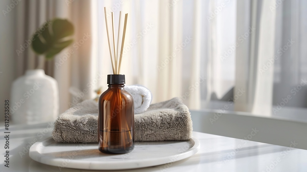 Front view of cosmetic bottle unlabeled placed on marble tray with gray towel in the background is toiletries reed diffuser bottle and small potted Mockup scene for advertising and bra : Generative AI