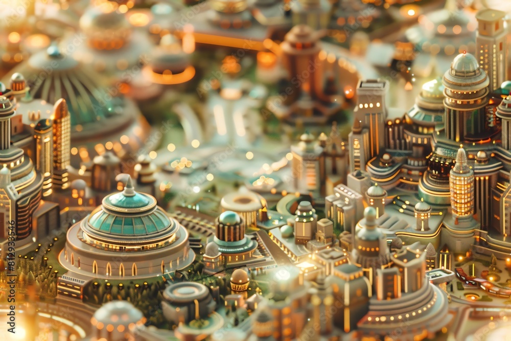 Capture the marvels of a futuristic cityscape merging with ancient architecture at a tilted angle, bringing a surreal blend of traditional and digital art techniques to life