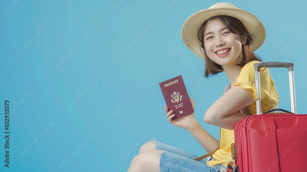 Fototapeta premium Happy smiling young Asian tourist woman sitting on luggage holding passport and hand pointing to copy space going to travel on holidays isolated on blue studio background : Generative AI