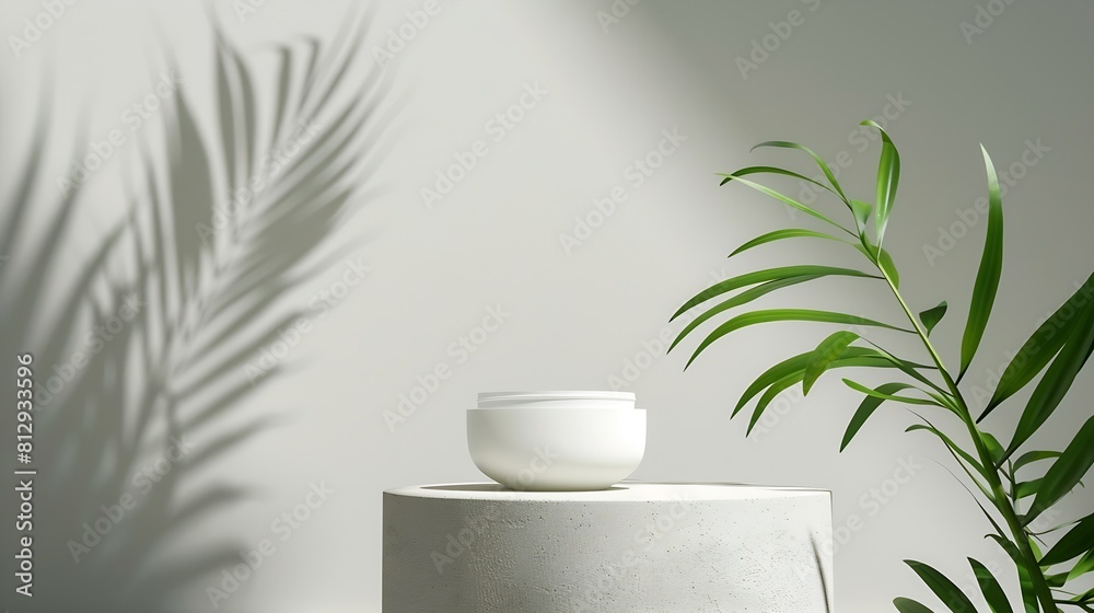 Minimal modern product display on light gray background copy space Concrete podium and green leaves Concept scene stage showcase for cosmetic products skin care product presentation : Generative AI Minimal modern product display on light gray background copy space Concrete podium and green leaves Concept scene stage showcase for cosmetic products skin care product presentation : Generative AI