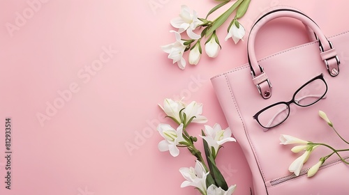Top view photo of womans day composition pink leather handbag soft textile stylish glasses and white prairie gentian flower buds on isolated pastel pink background with empty space : Generative AI photo