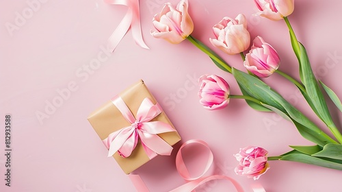Mothers Day celebration concept Top view photo of giftbox with ribbon bow and bouquet of pink tulips on isolated pastel pink background with copyspace : Generative AI