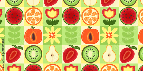 A pattern of squares with summer fruits in the section kiwi, orange, watermelon, pear, strawberry in the flat style.
