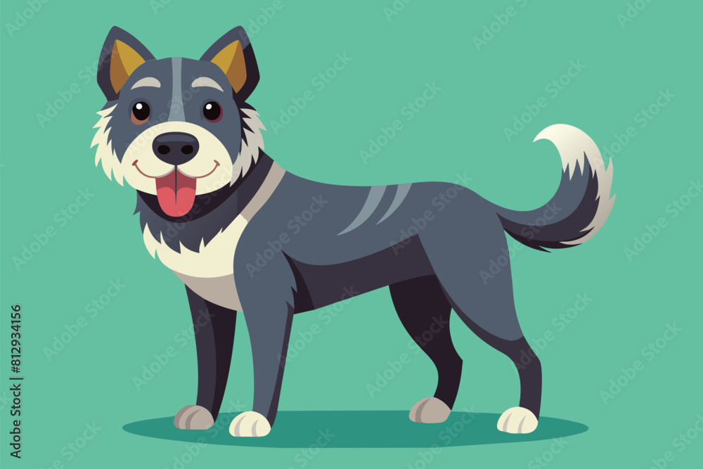 A black and white dog is standing on a vibrant green background, Good doggy Customizable Semi Flat Illustration