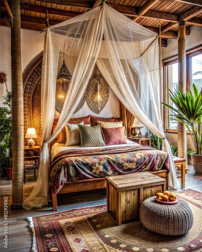 A bed with a canopy and pillows, and a table with a vase and a bowl of fruit