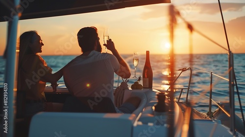 Group of Man and woman friends enjoy and fun luxury outdoor lifestyle celebration party drinking champagne together while travel on catamaran boat yacht sailing in the sea at sunset on : Generative AI