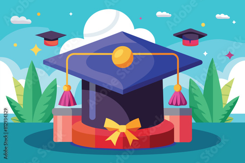 A graduation cap rests on top of a podium, Graduation hats Customizable Cartoon Illustration